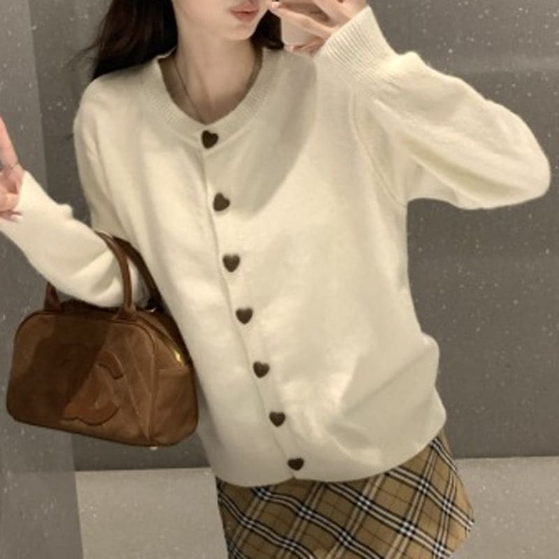 Heart-Button Round-Neck Cardigan