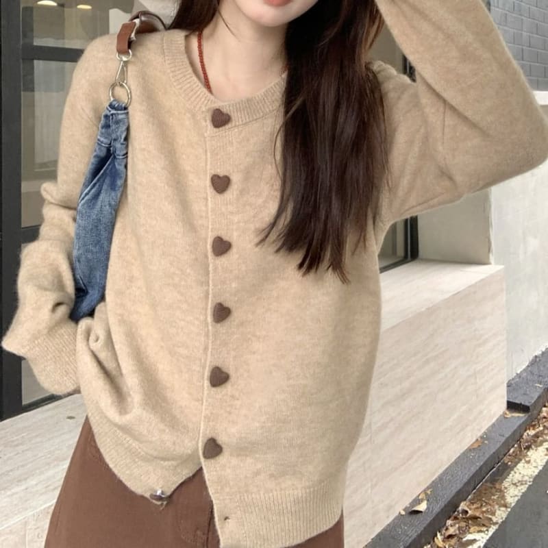 Heart-Button Round-Neck Cardigan