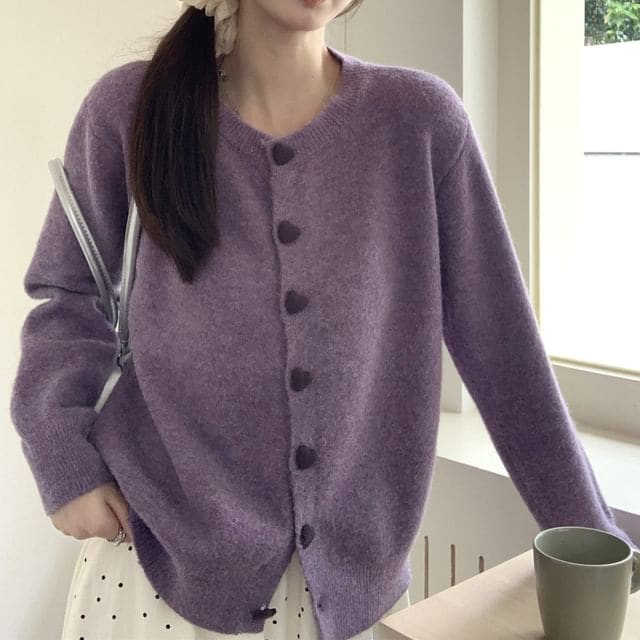 Heart-Button Round-Neck Cardigan - Purple / One Size