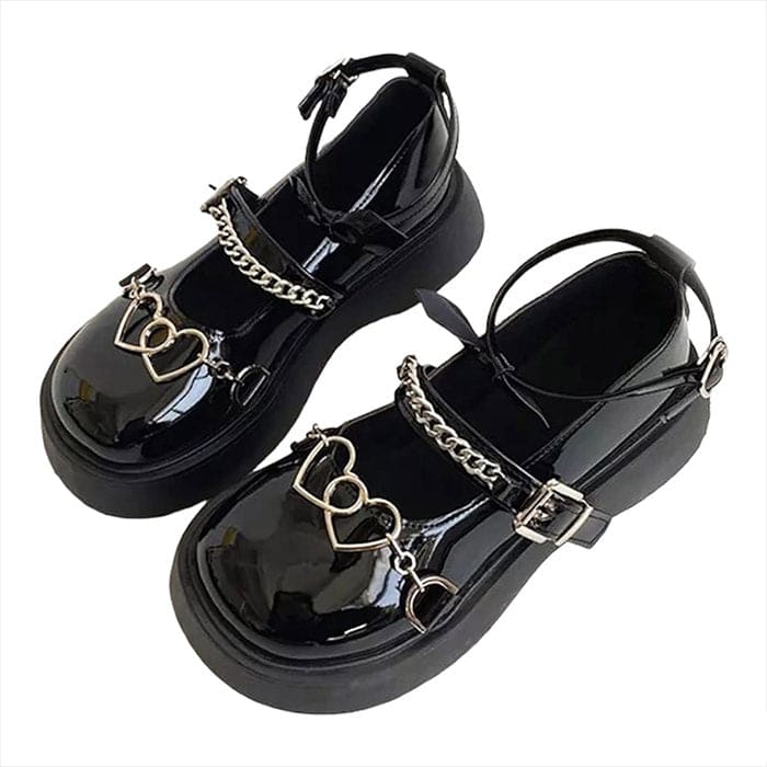 Heart Chain Chunky Sandals - EU35 (US5.0) / Black Glossy