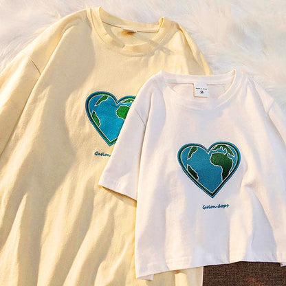 Heart Earth Embroidered Tee - T-Shirts