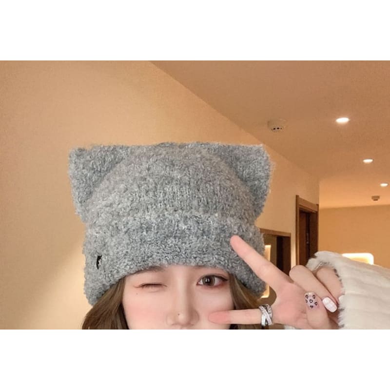 Heart Embroidered Cat Ear Knit Beanie