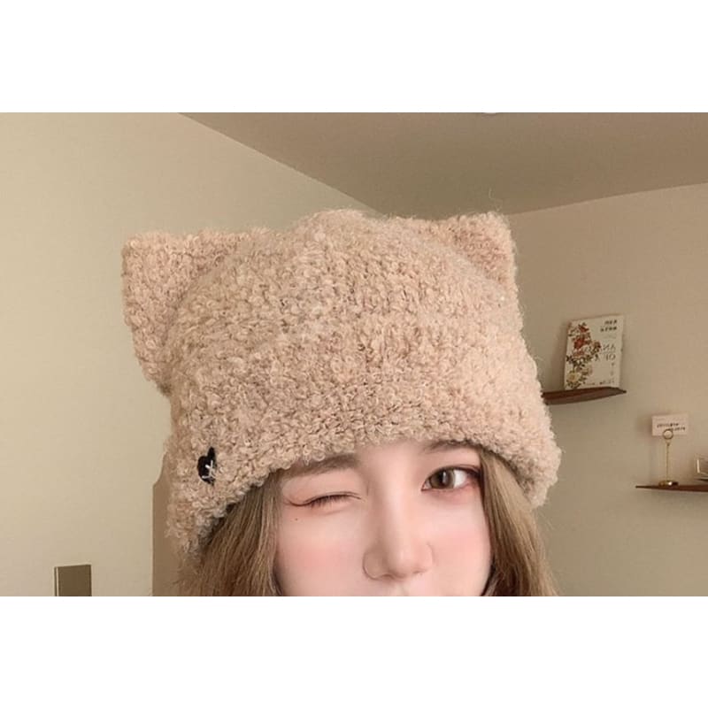 Heart Embroidered Cat Ear Knit Beanie