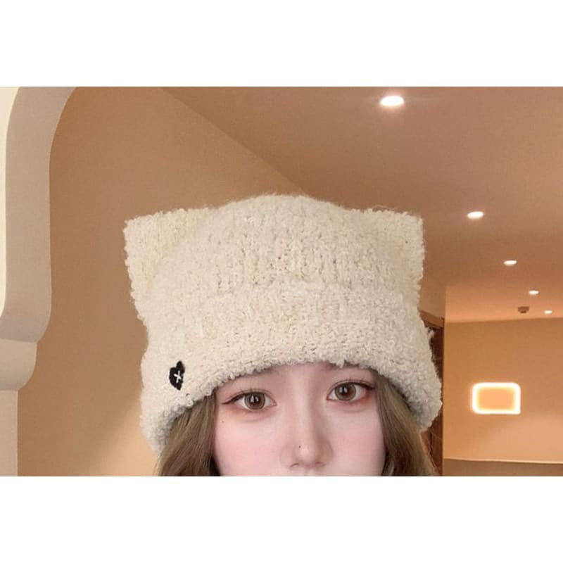 Heart Embroidered Cat Ear Knit Beanie