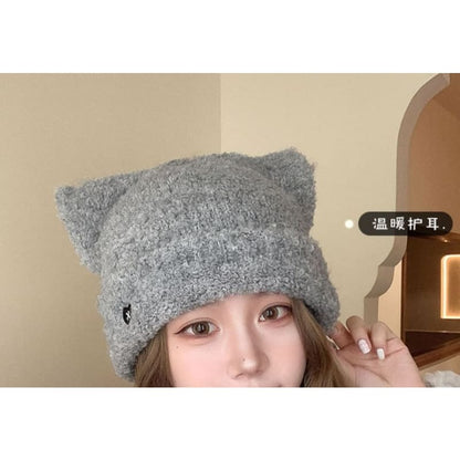 Heart Embroidered Cat Ear Knit Beanie