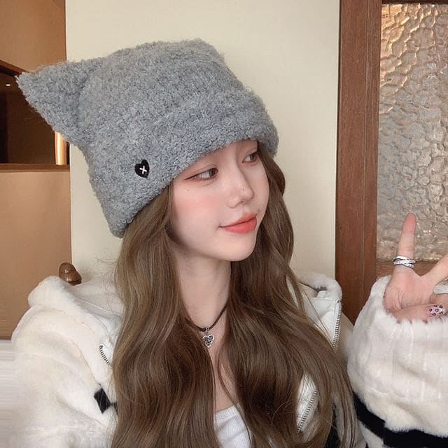 Heart Embroidered Cat Ear Knit Beanie - Gray / One Size