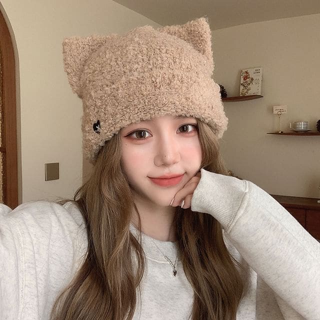 Heart Embroidered Cat Ear Knit Beanie - Khaki / One Size