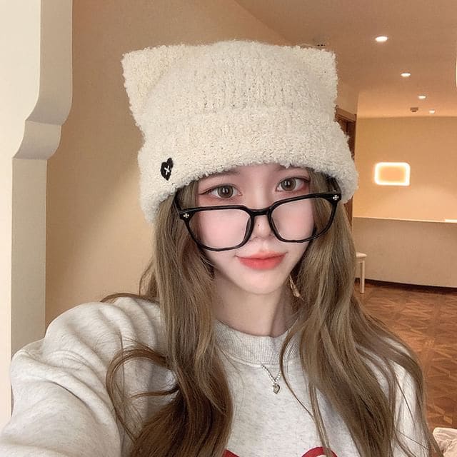 Heart Embroidered Cat Ear Knit Beanie - Off-White / One Size