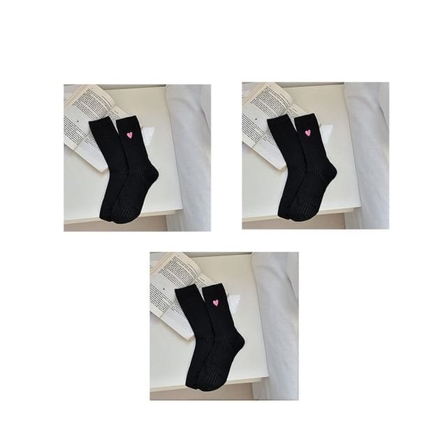 Heart Embroidered Cotton Socks Set - Set Of 3 Pairs - 1