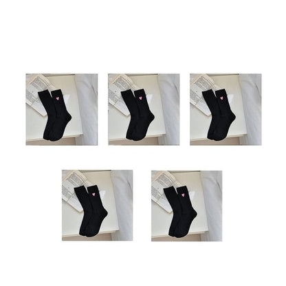 Heart Embroidered Cotton Socks Set - Set Of 5 Pairs - 1