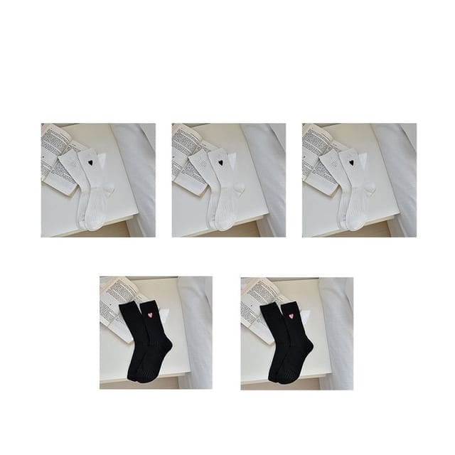 Heart Embroidered Cotton Socks Set - Set Of 5 Pairs - 3