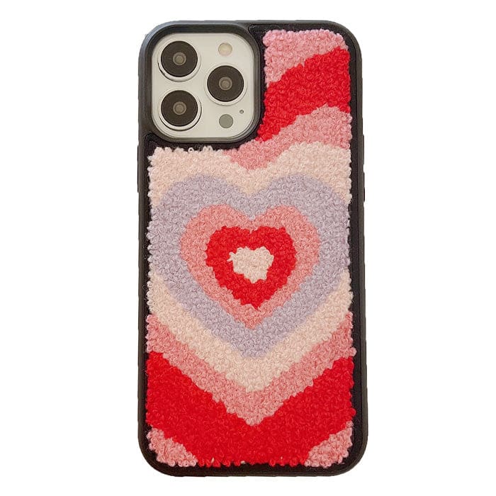 Heart Embroidered Plush Phone Case - iPhone 11 / Pink/red