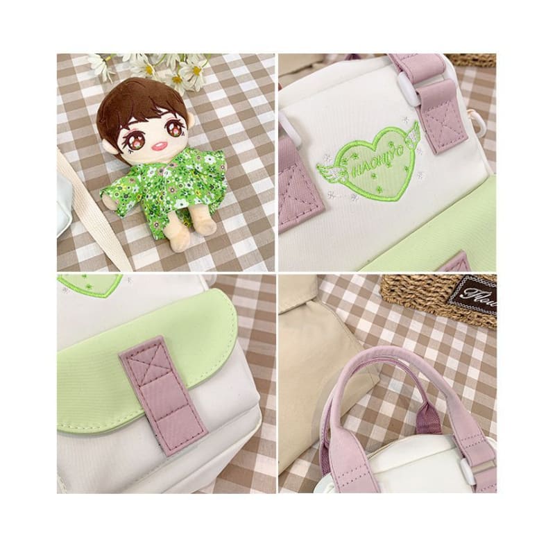 Heart Embroidered PVC Panel Crossbody Bag