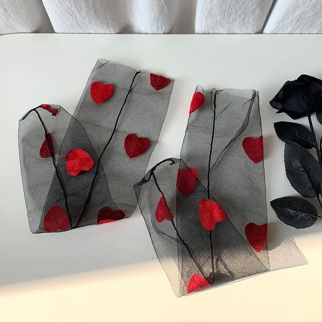 Heart Embroidered Sheer Socks - Black / One Size