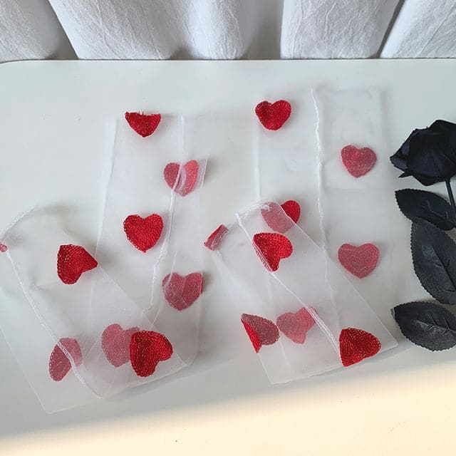 Heart Embroidered Sheer Socks - White / One Size