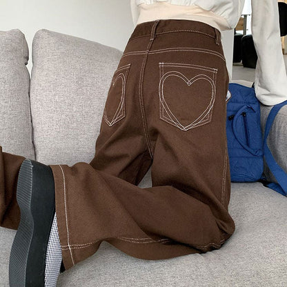 Heart Embroidery Brown Wide Jeans - Jeans