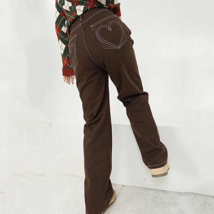 Heart Embroidery Brown Wide Jeans - Jeans