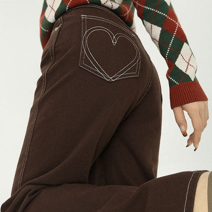 Heart Embroidery Brown Wide Jeans - S / Brown - Jeans