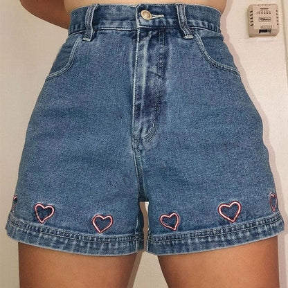 Heart Embroidery Denim Shorts - Shorts