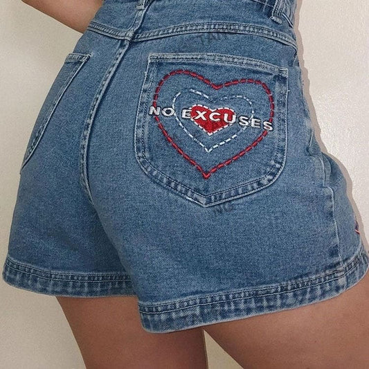 Heart Embroidery Denim Shorts - S / Blue - Shorts