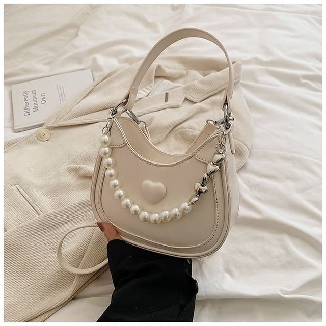 Heart Faux Pearl Chain Shoulder Bag - Off-White / One Size