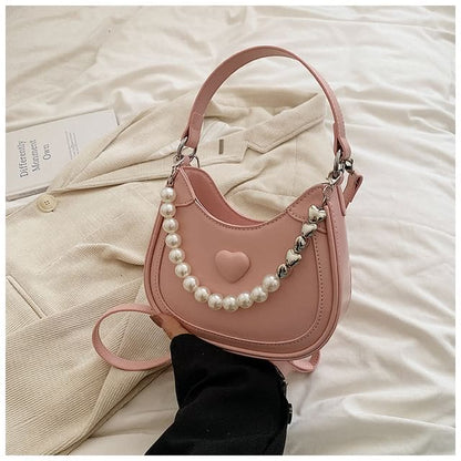 Heart Faux Pearl Chain Shoulder Bag - Pink / One Size