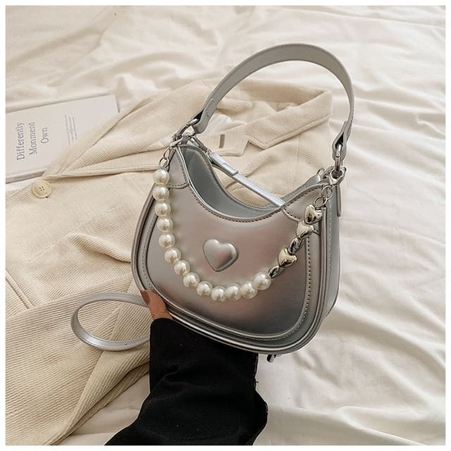 Heart Faux Pearl Chain Shoulder Bag - Silver / One Size