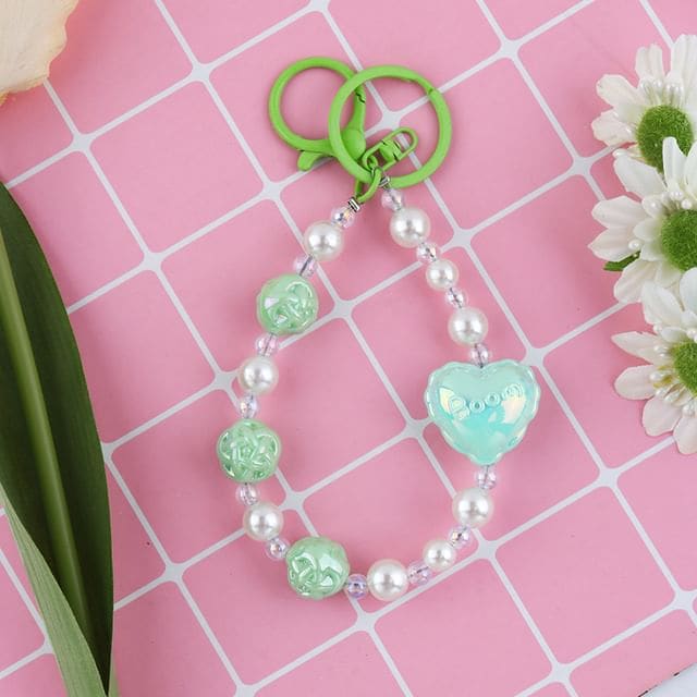 Heart Faux Pearl Keyring - Q1624-4 - Green & Blue & White