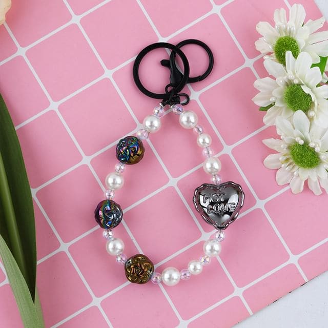 Heart Faux Pearl Keyring - Q1624-6 - Black & White