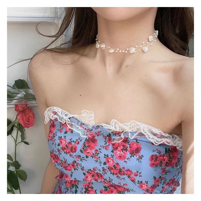 Heart Faux Pearl Layered Fish Line Choker