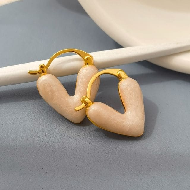 Heart Glaze Alloy Huggie Earring - 1 Pair - Beige / One Size