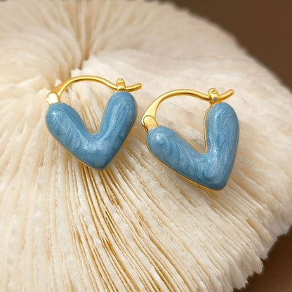 Heart Glaze Alloy Huggie Earring - 1 Pair - Blue / One Size