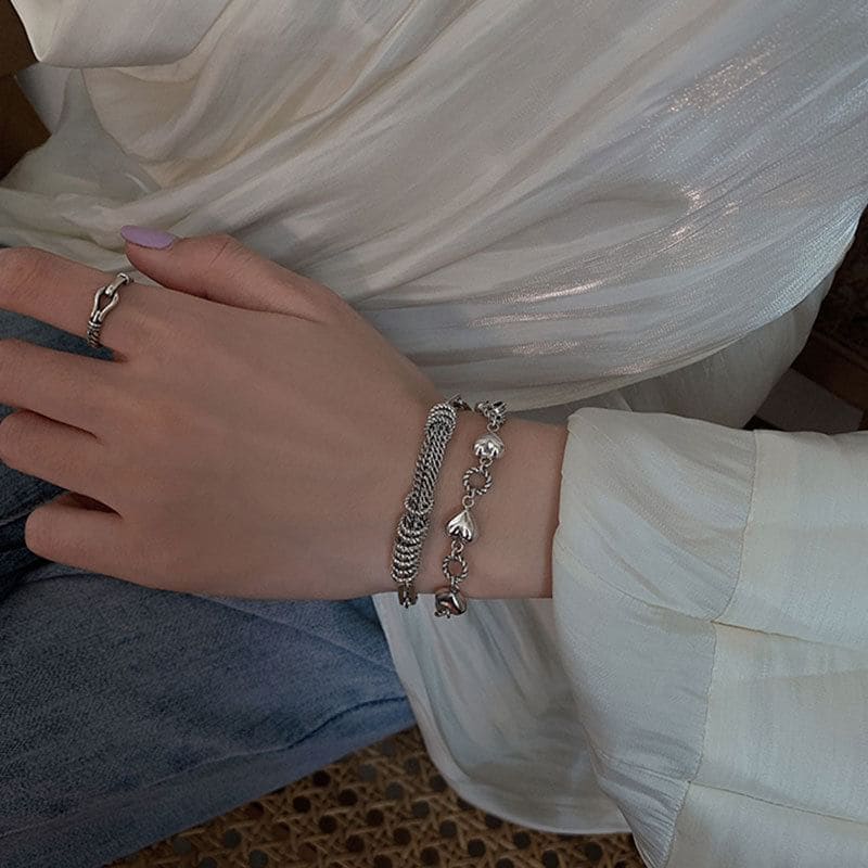 Heart Layered Alloy Bracelet - SL0300 - Silver / One Size