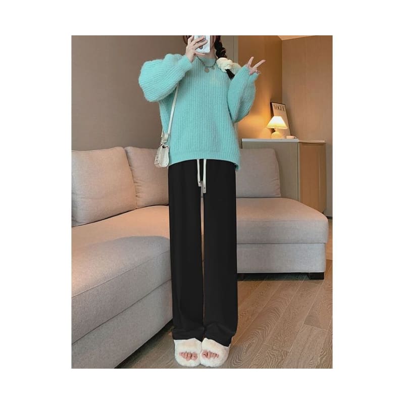 Heart Logo High Rise Drawstring Plain Wide Leg Sweatpants