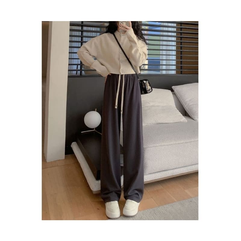 Heart Logo High Rise Drawstring Plain Wide Leg Sweatpants