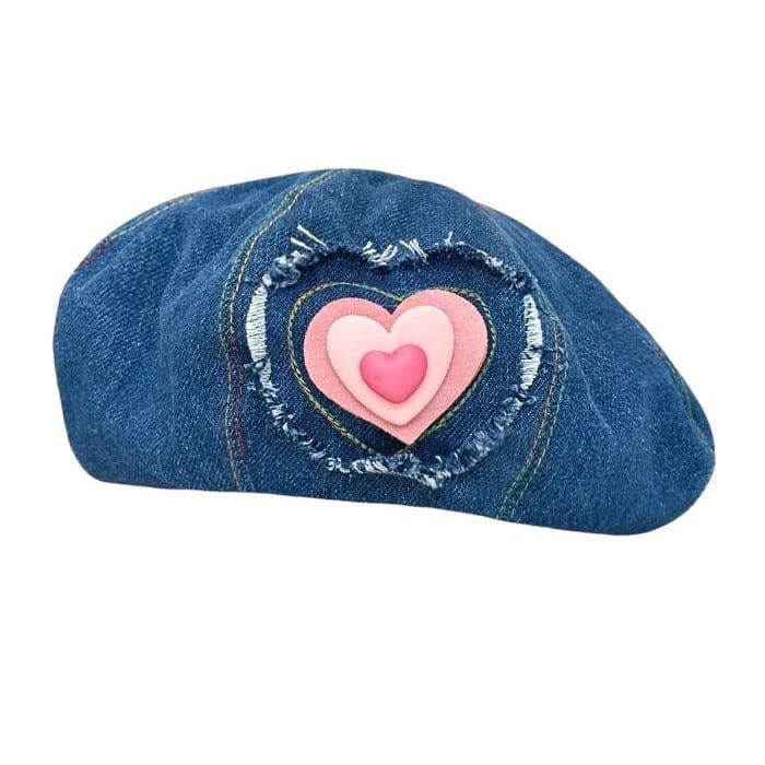 Heart Patch Denim Beret Hat - Standart / Blue - Hats