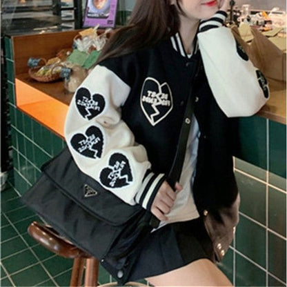 Heart Pattern Baseball Jacket - With Lining - Black / M