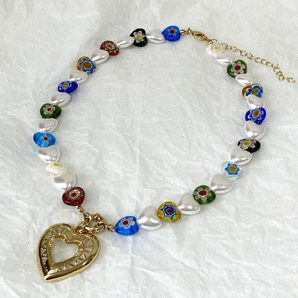 Heart Pearl Beaded Choker - Standart - Necklace