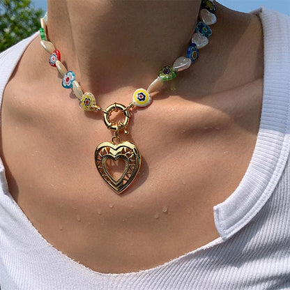 Heart Pearl Beaded Choker - Standart - Necklace