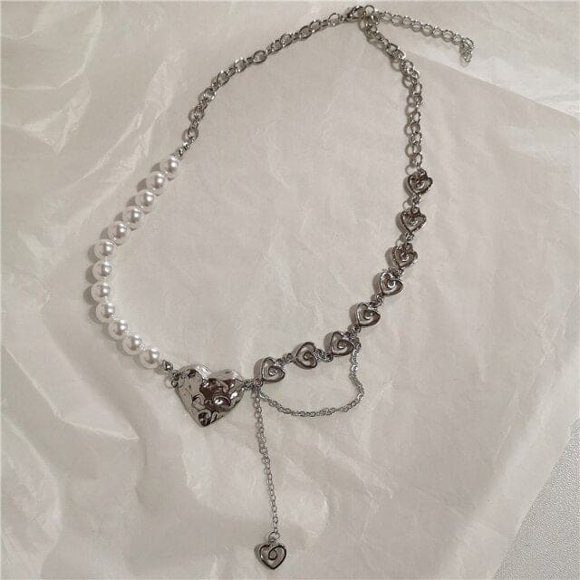 Heart Pearl Chain Necklace - Necklace