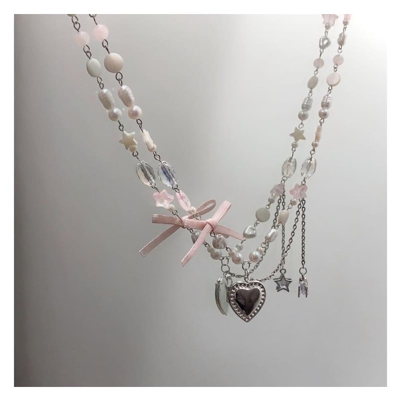 Heart Pendant Bow Faux Pearl Necklace