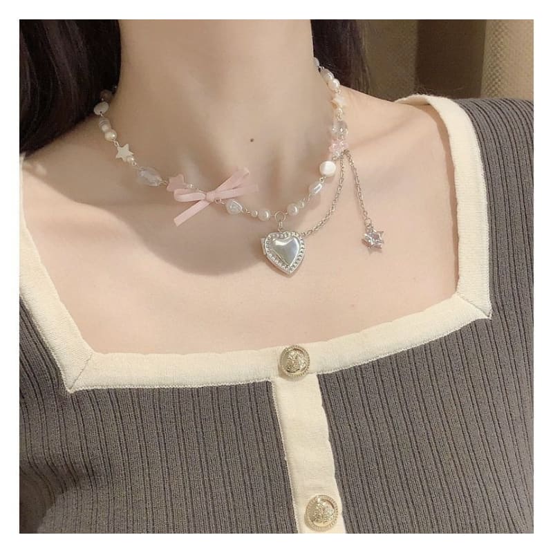 Heart Pendant Bow Faux Pearl Necklace