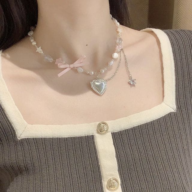 Heart Pendant Bow Faux Pearl Necklace