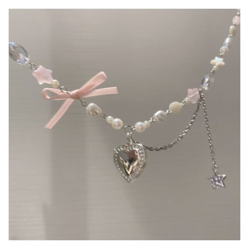 Heart Pendant Bow Faux Pearl Necklace