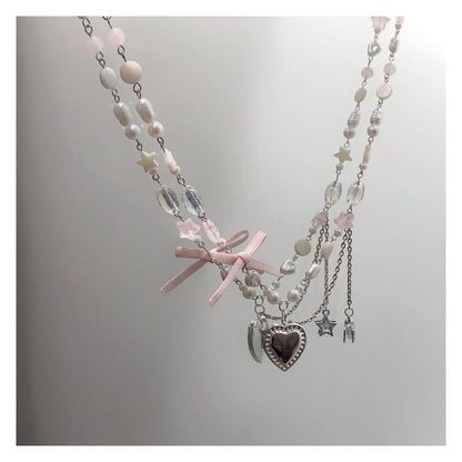 Heart Pendant Bow Faux Pearl Necklace