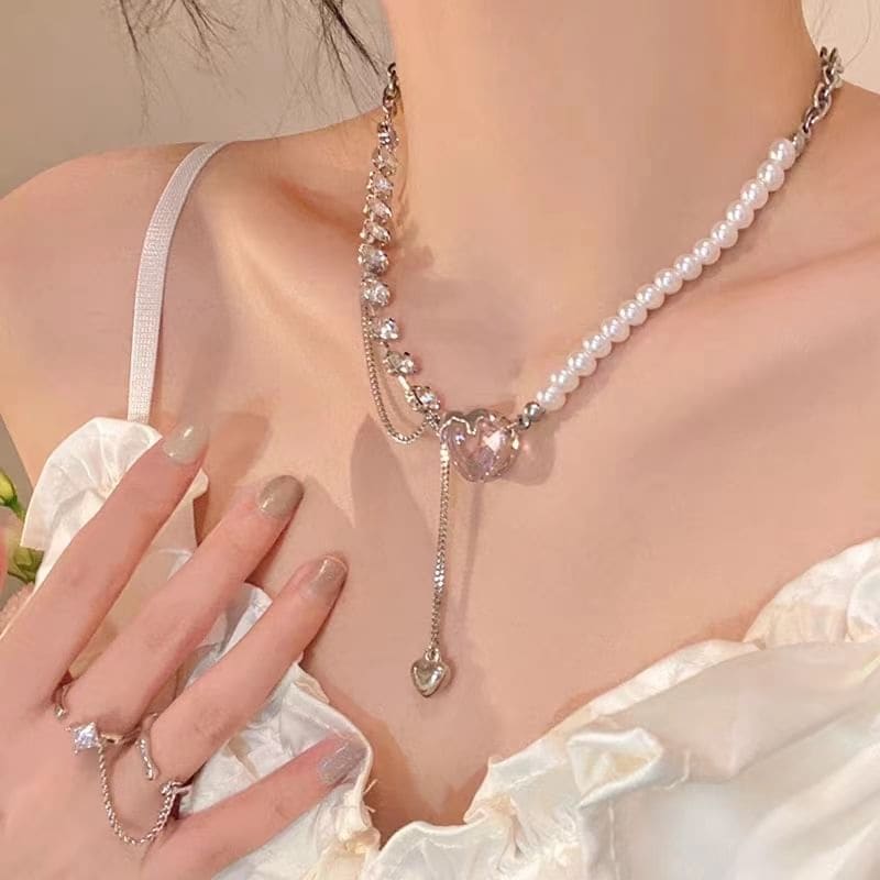 Heart Pendant Rhinestone Faux Pearl Lariat Necklace