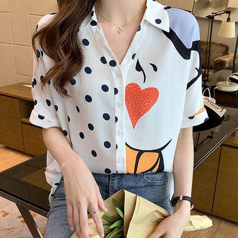 Heart Polka Dots Print Blouse Workwear