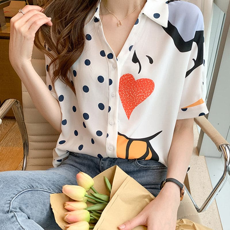 Heart Polka Dots Print Blouse Workwear