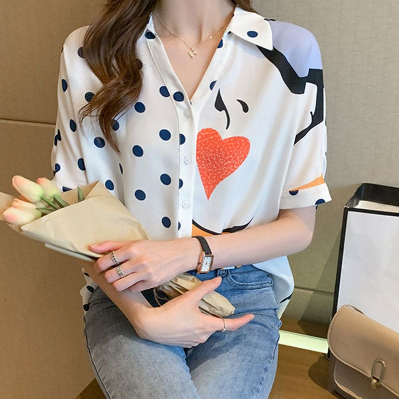 Heart Polka Dots Print Blouse Workwear