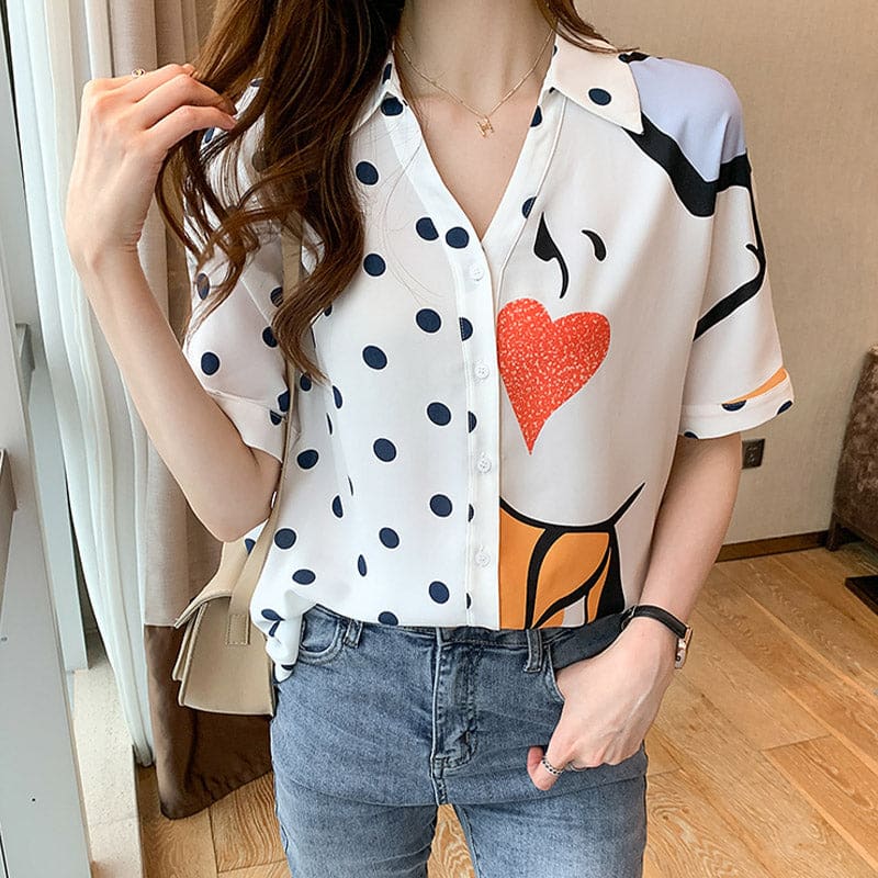 Heart Polka Dots Print Blouse Workwear